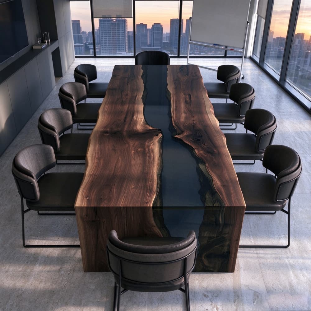 Sculptural black walnut waterfall conference table base with a continuous wood and black resin design extending to the floor.