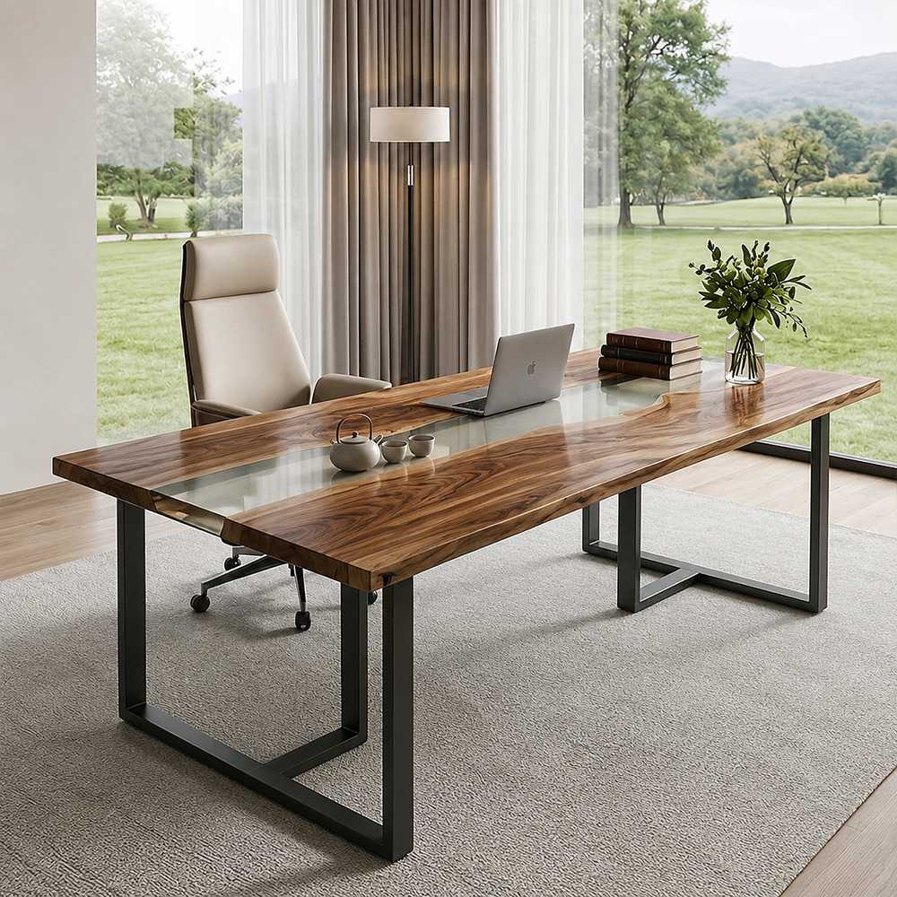 Solid walnut office table with gray epoxy resin river and square edge design