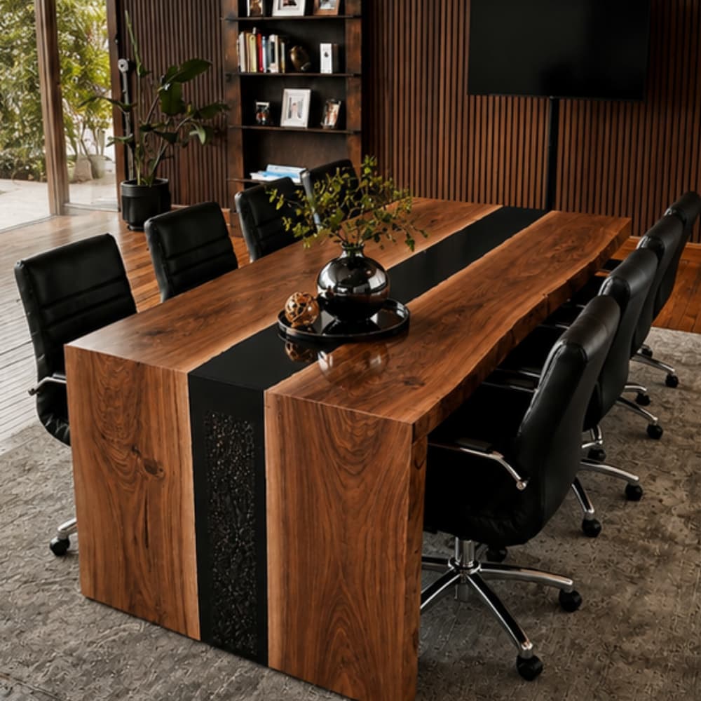 Front full shot of oversized solid walnut live edge conference table with black stone pebble epoxy river, surrounded by black leather rolling office chairs in dark wood panel corporate boardroom