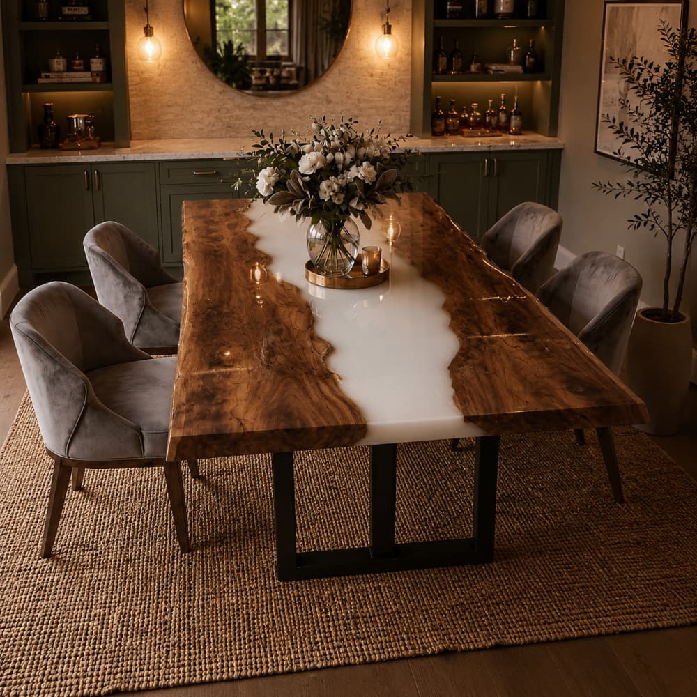 Solid walnut river dining table designed for contemporary interiors