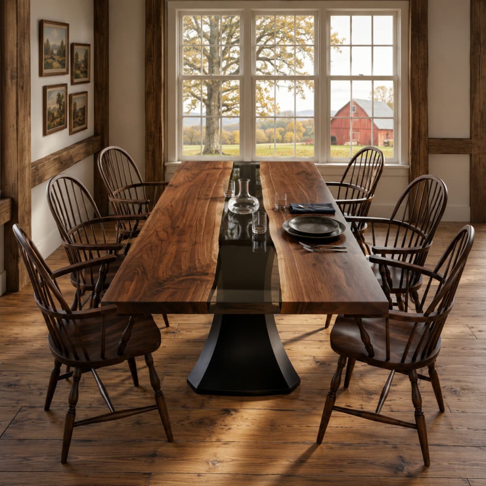 Solid walnut river dining table designed for contemporary residential interiors