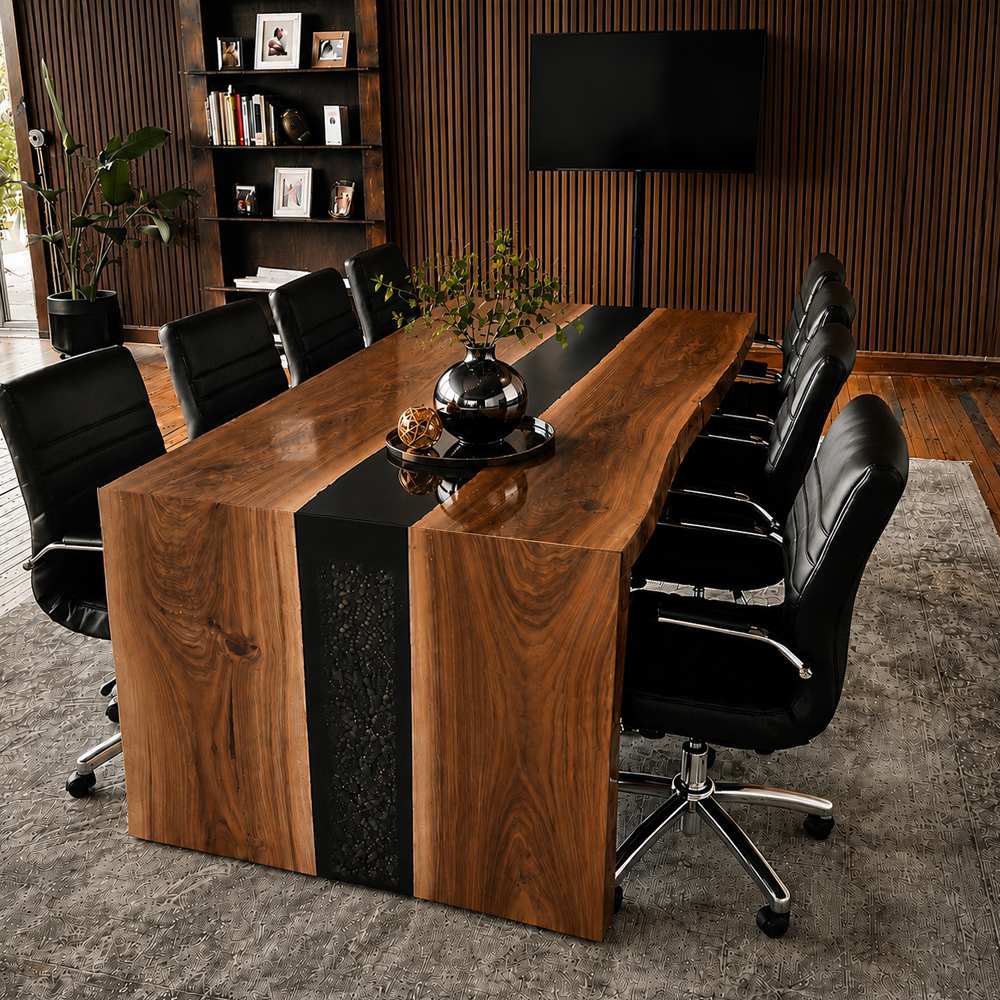 Full view solid black walnut live edge executive desk with black epoxy stone river inlay, integrated walnut slab base inside modern open corporate office