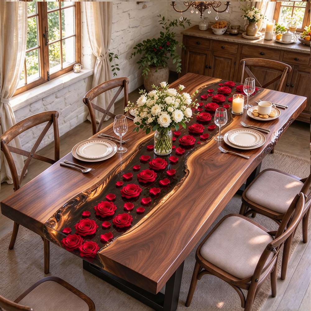 Solid walnut transparent resin rose dining table, handmade floral epoxy table for elegant dining rooms and family gatherings.