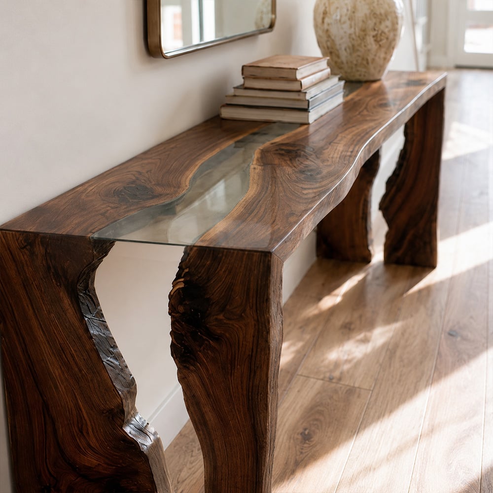 Solid black walnut waterfall legs with natural live edges on a custom resin console table