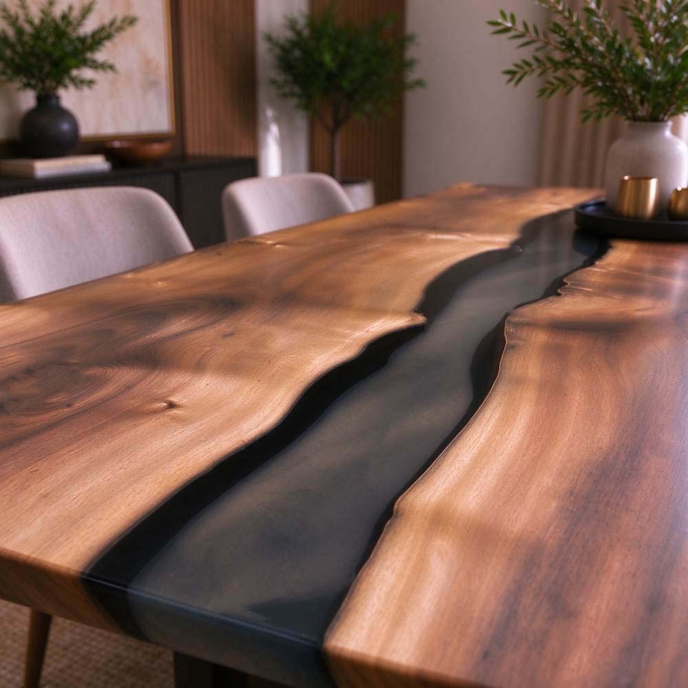 Close-up of natural walnut wood grain, distinctive knots, organic live edges, and smooth transparent gray epoxy on a handcrafted resin dining table.
