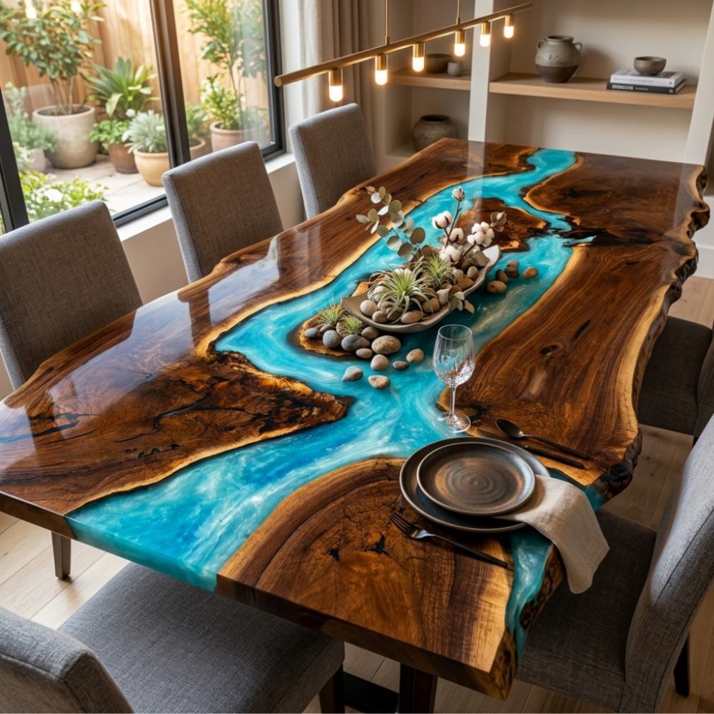 Layered shades of blue epoxy resin creating depth across a natural wood tabletop