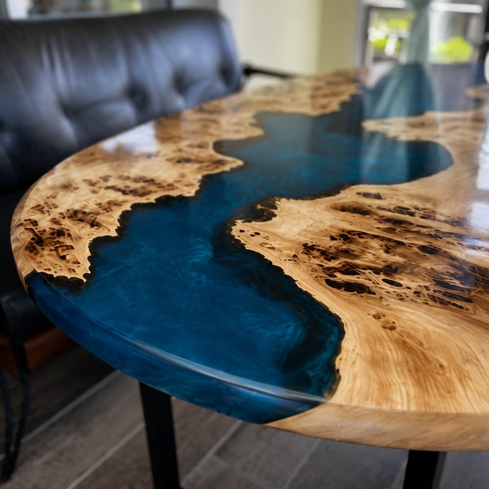 Macro overhead close-up showcasing distinctive spotted burl maple grain and flowing gradient deep teal blue resin waterway locked under thick high-gloss clear protective coating