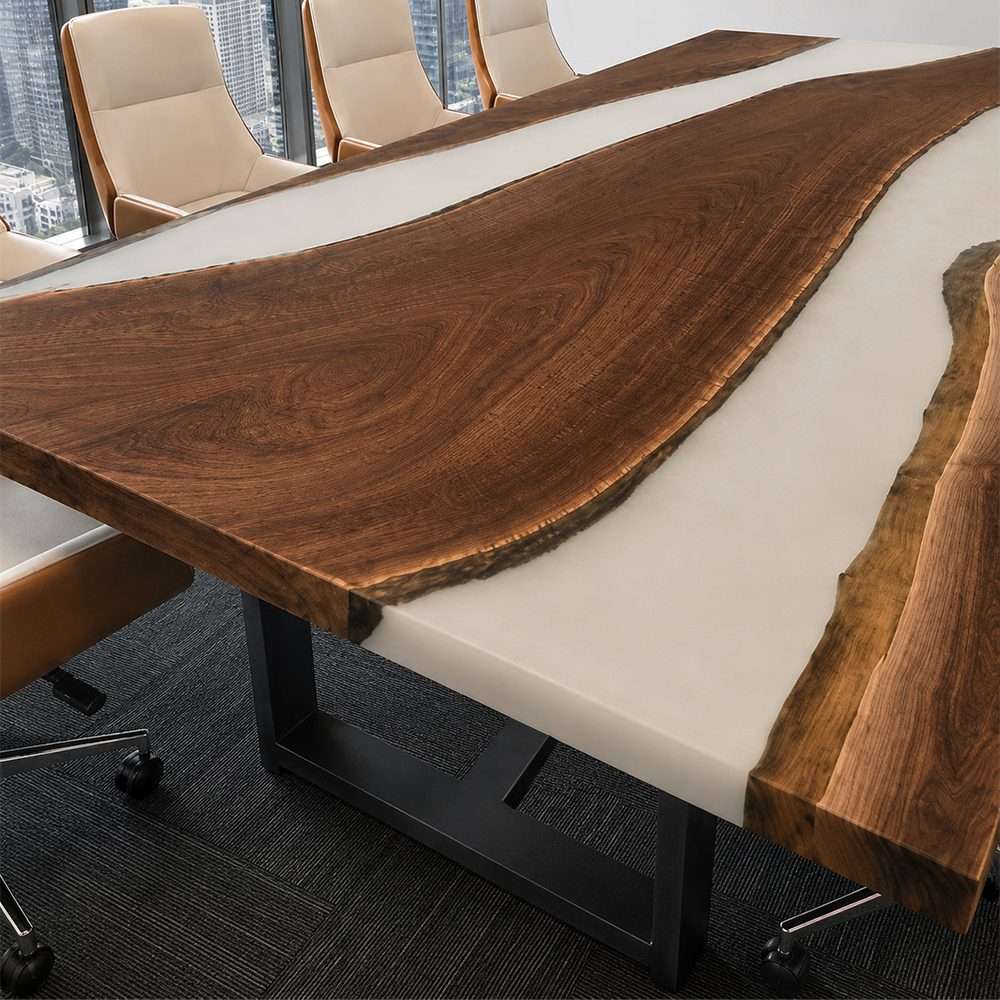 Split slab black walnut epoxy meeting table designed with wide ivory resin sections and a long collaborative surface