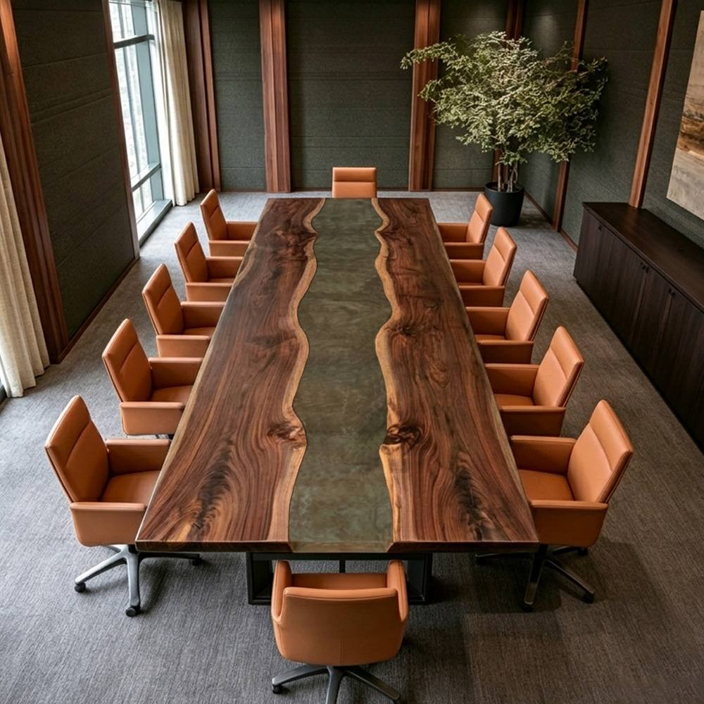 Modern square edge black walnut conference table with gray epoxy resin river