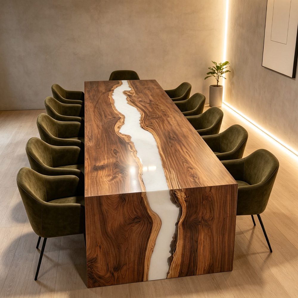 Square edge black walnut boardroom table featuring a white epoxy resin river and waterfall ends