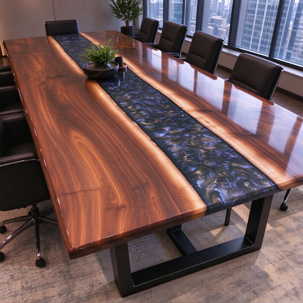 Black walnut conference table with midnight blue swirl epoxy, straight edges, rich wood grain, and a bold design for executive boardrooms.