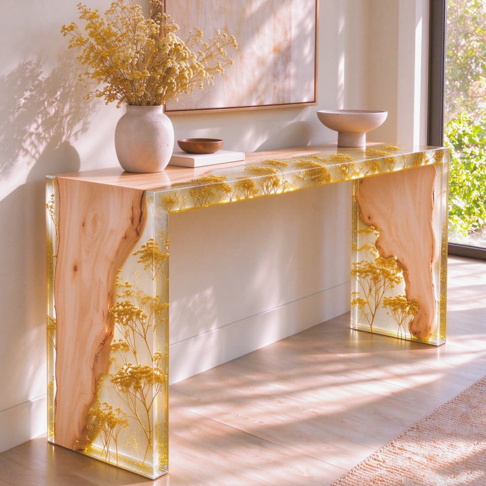 Seamless 90-degree waterfall mitered edge on a clear resin and maple wood console table.