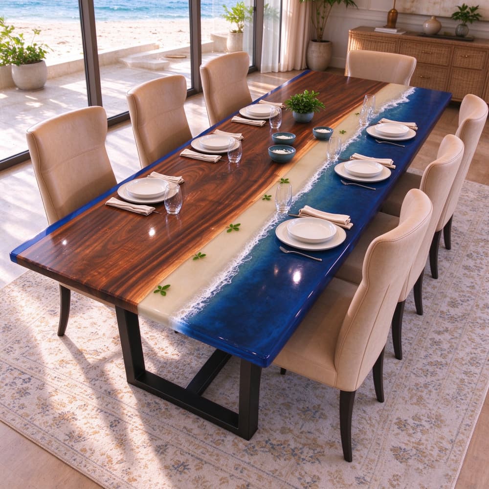 Close-up of rich square edge black walnut wood grain on a luxury beach style epoxy river table.