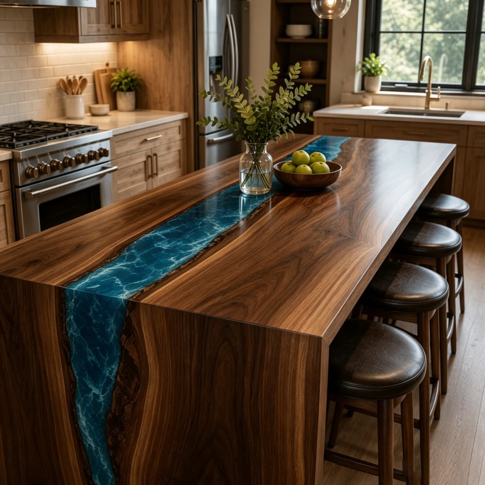 Macro profile of a thick kiln-dried solid wood island top treated with non-toxic scratch-resistant protective armor coating