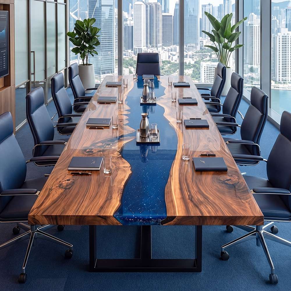 High-end office meeting room interior with a long custom walnut resin table paired with luxury navy blue leather office chairs