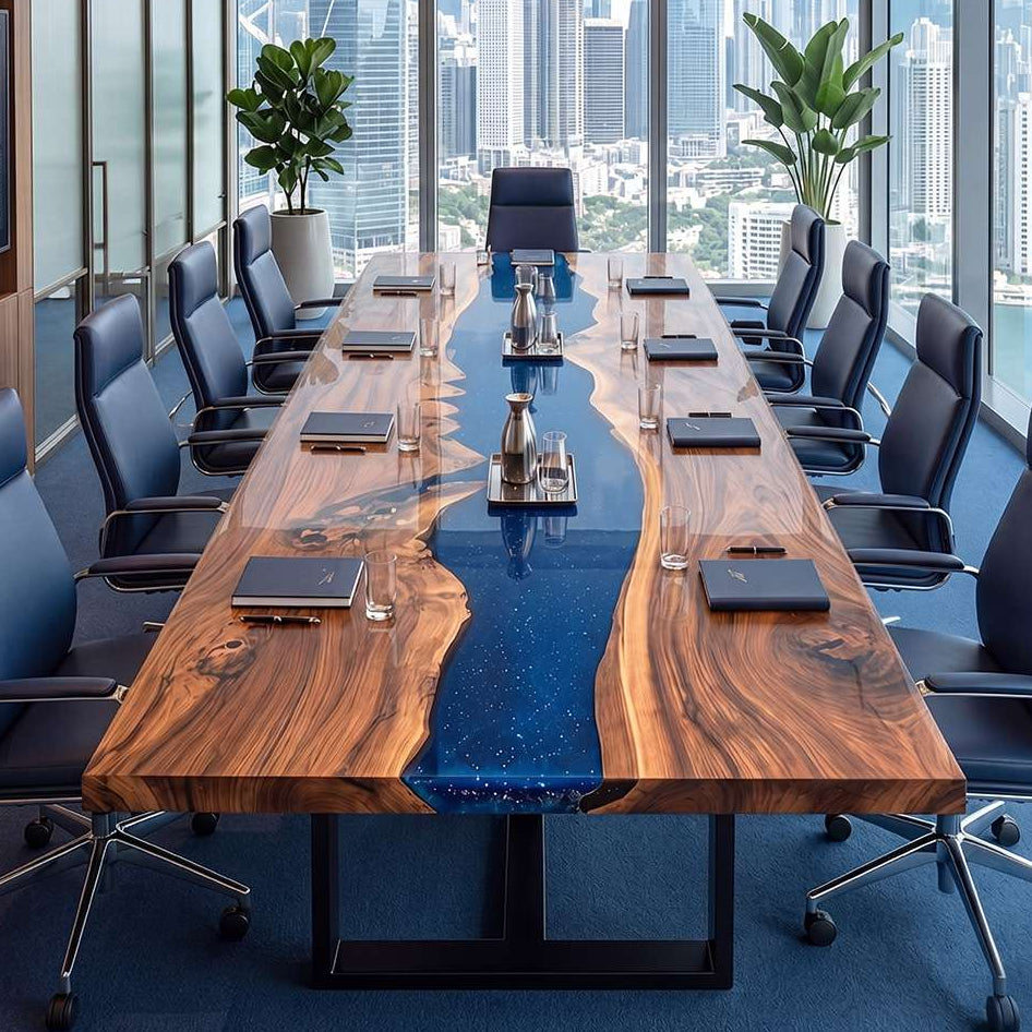 High-end office meeting room interior with a long custom walnut resin table paired with luxury navy blue leather office chairs