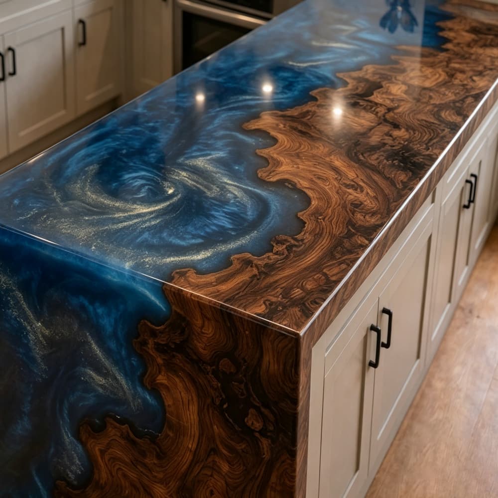 Functional and artistic kitchen island workspace combining blue resin and wood