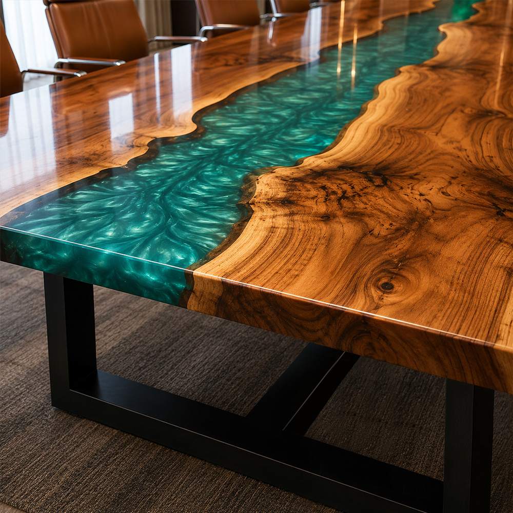 Statement walnut resin table for meetings, combining rich natural wood tones with a deep green river effect in a corporate interior