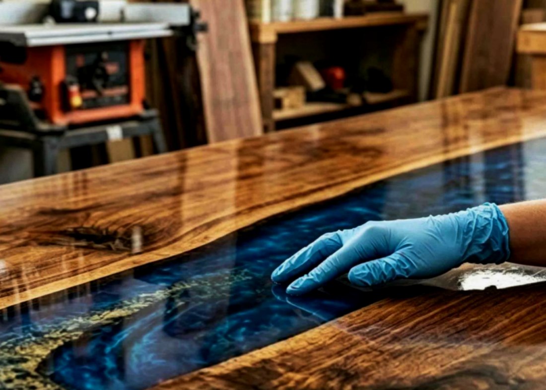 Worker inspecting the surface quality of a finished epoxy river table before delivery