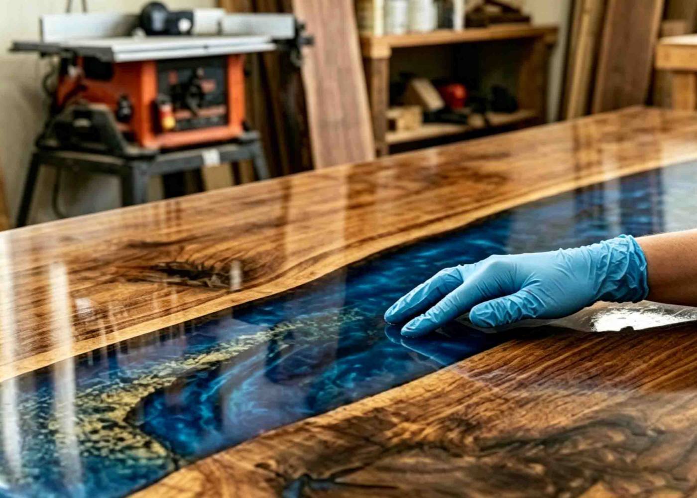 Worker inspecting the surface quality of a finished epoxy river table before delivery
