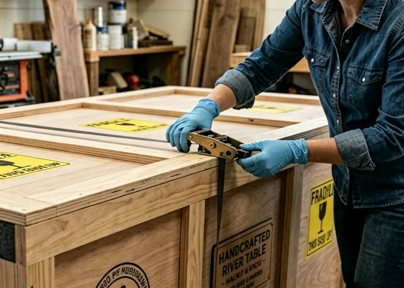 Worker carefully packaging a finished epoxy river table into a wooden crate for delivery