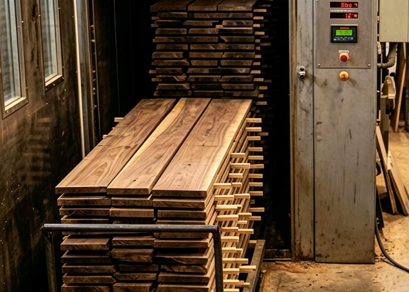 Stacked walnut wood slabs inside an industrial kiln for moisture drying