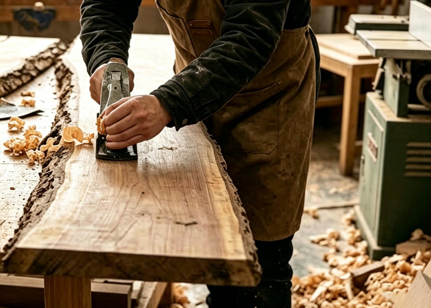 Craftsman planing and shaping raw wood slabs for a custom epoxy river table