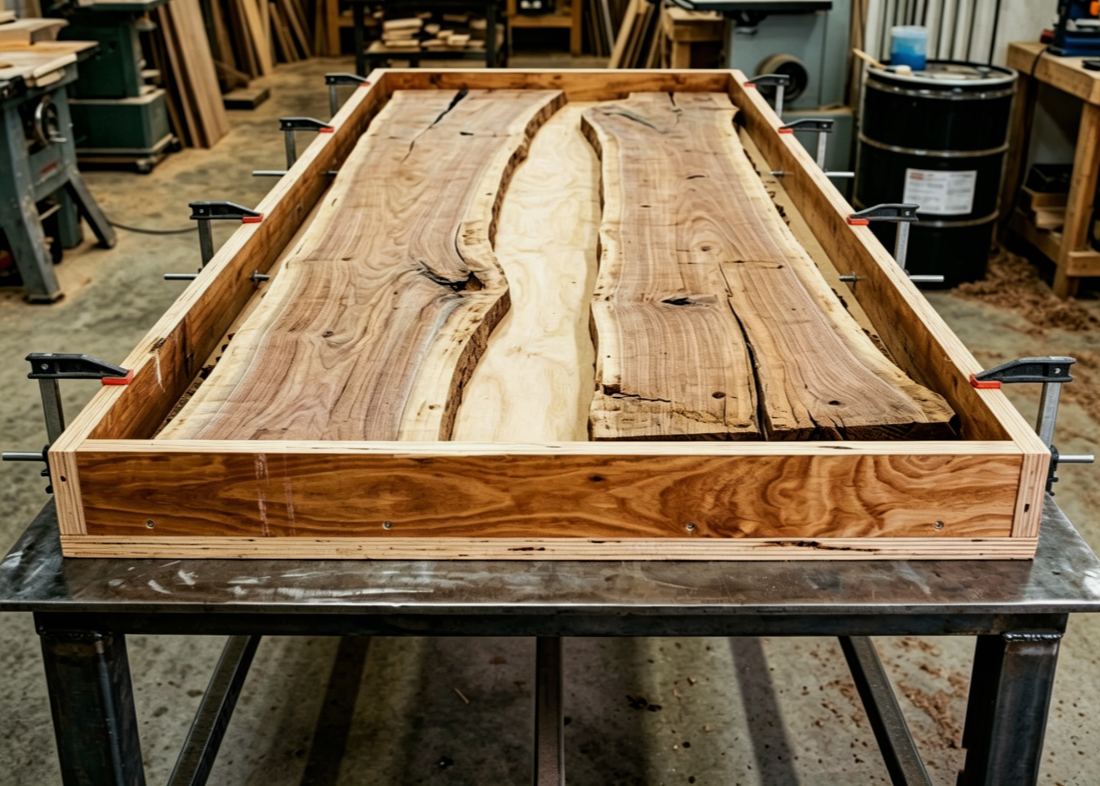 Woodworkers assembling a wooden mold for an epoxy river table in a workshop
