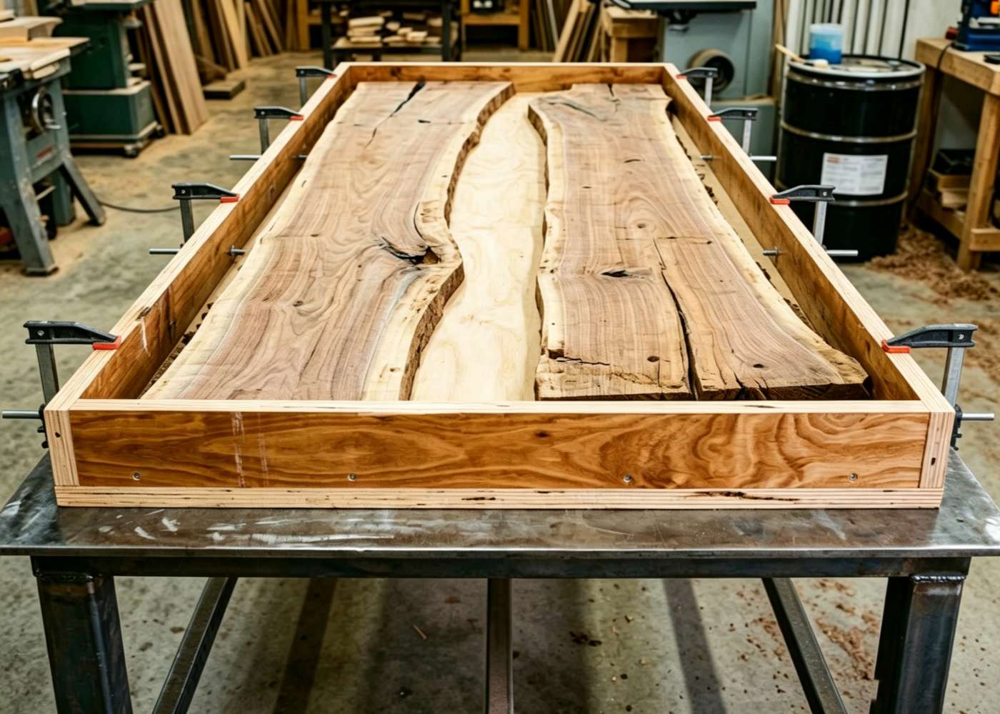Woodworkers assembling a wooden mold for an epoxy river table in a workshop