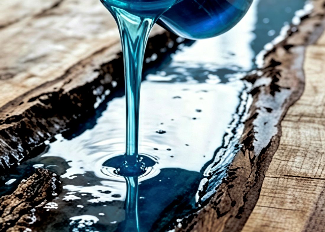 Pouring blue transparent epoxy resin into a live-edge wood mold for a river table