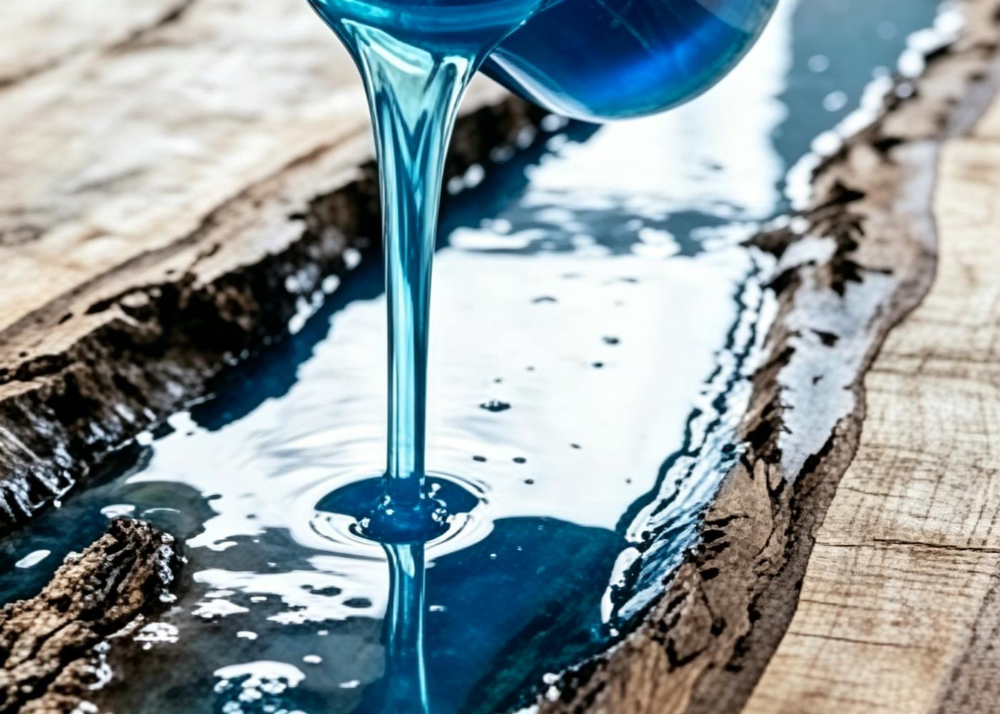Pouring blue transparent epoxy resin into a live-edge wood mold for a river table