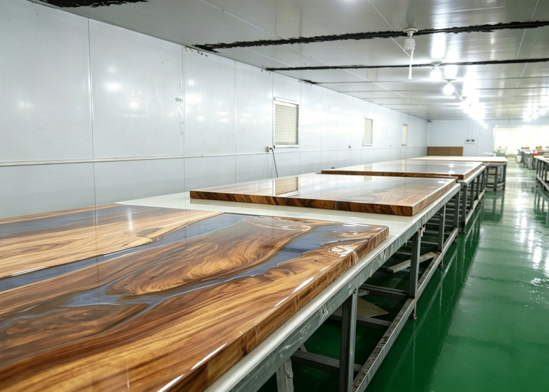 Measuring the dimensions of a blue epoxy river table during the curing stage
