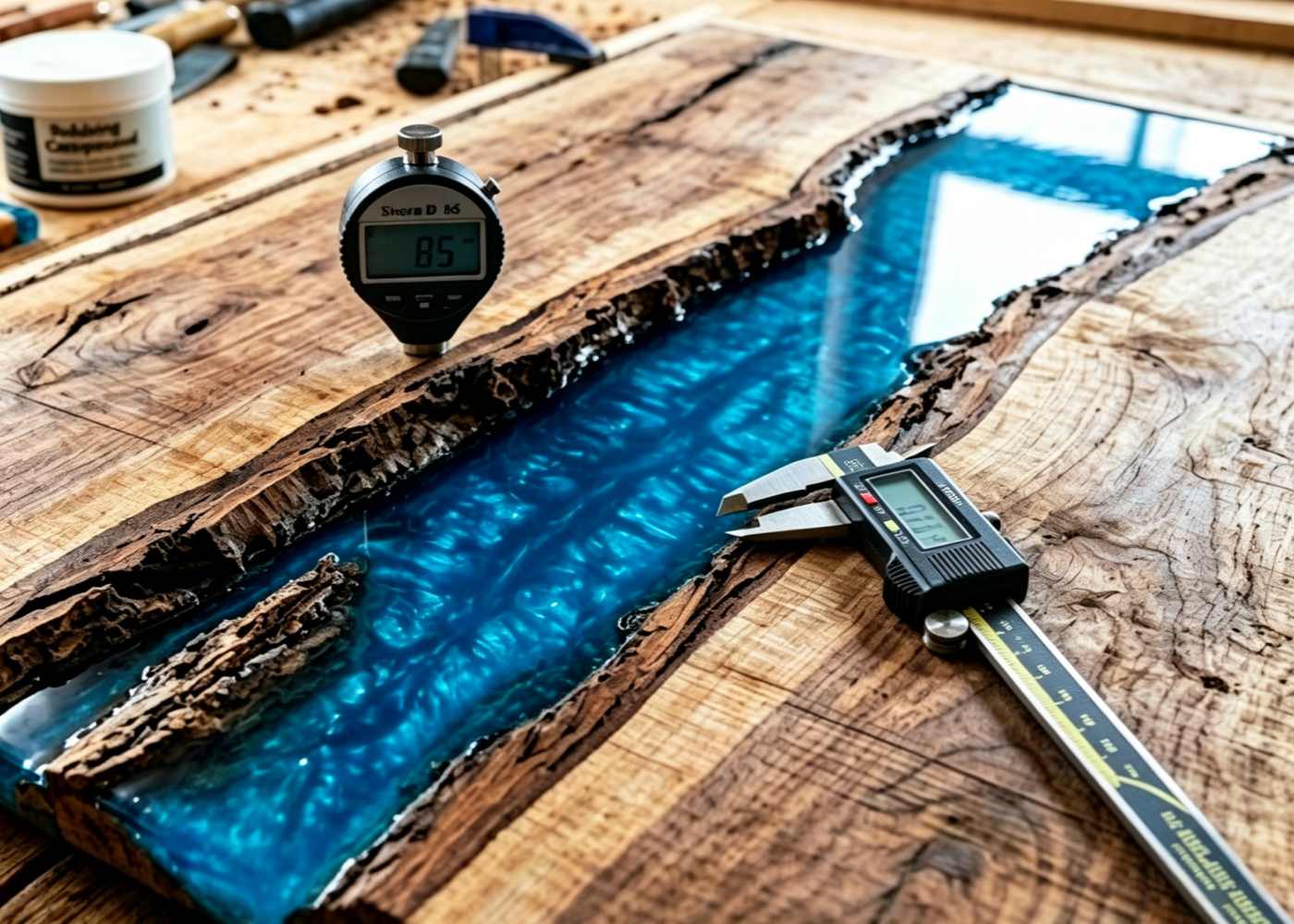 Measuring the dimensions of a blue epoxy river table during the curing stage
