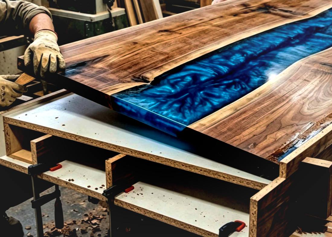 Removing a cured blue epoxy river table from its wooden mold in a workshop