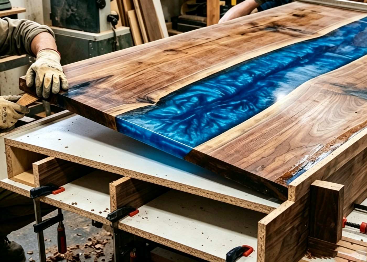 Removing a cured blue epoxy river table from its wooden mold in a workshop