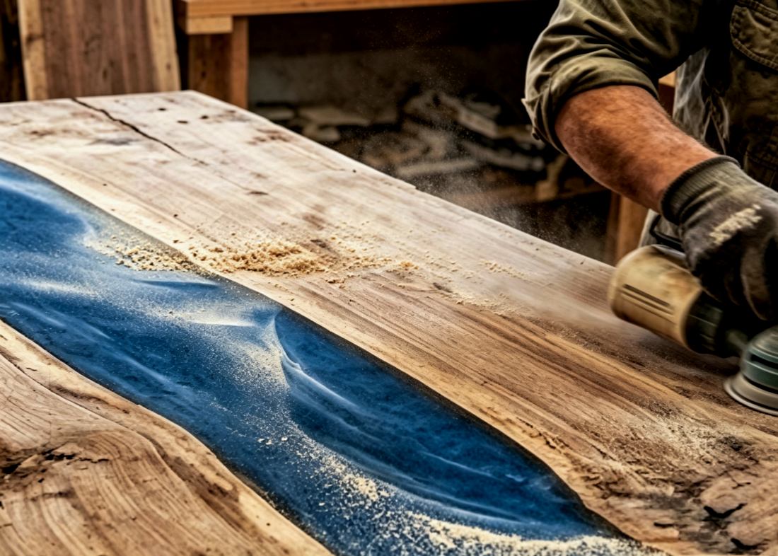 Woodworker sanding the surface of an epoxy river table with a power sander, creating dust