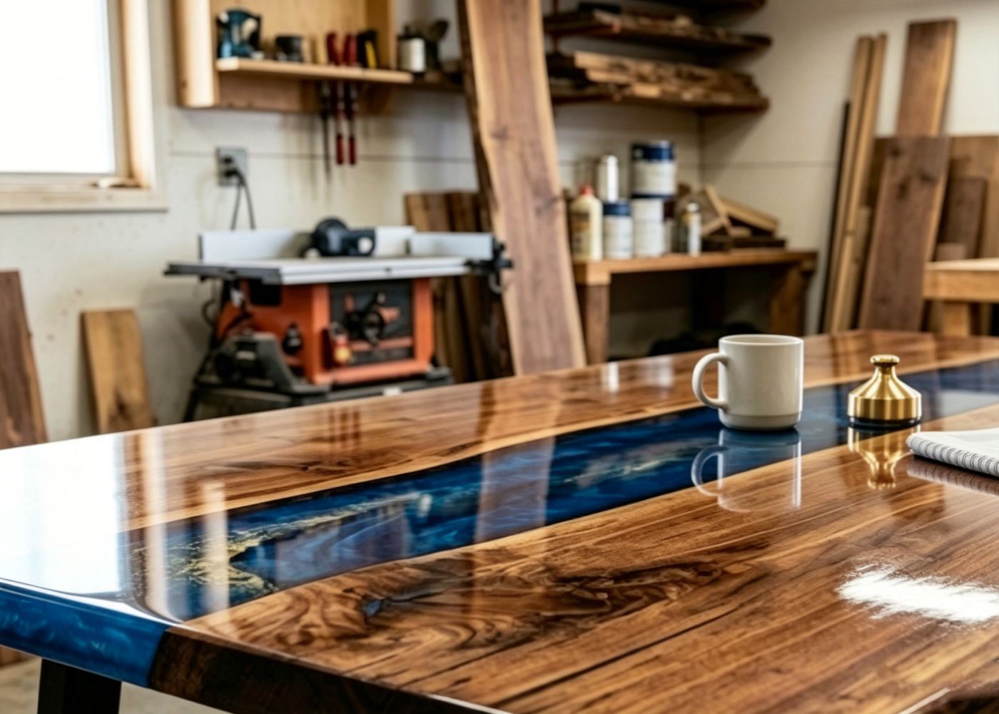 Close-up of a fully polished, glossy epoxy river table with a clear blue river design