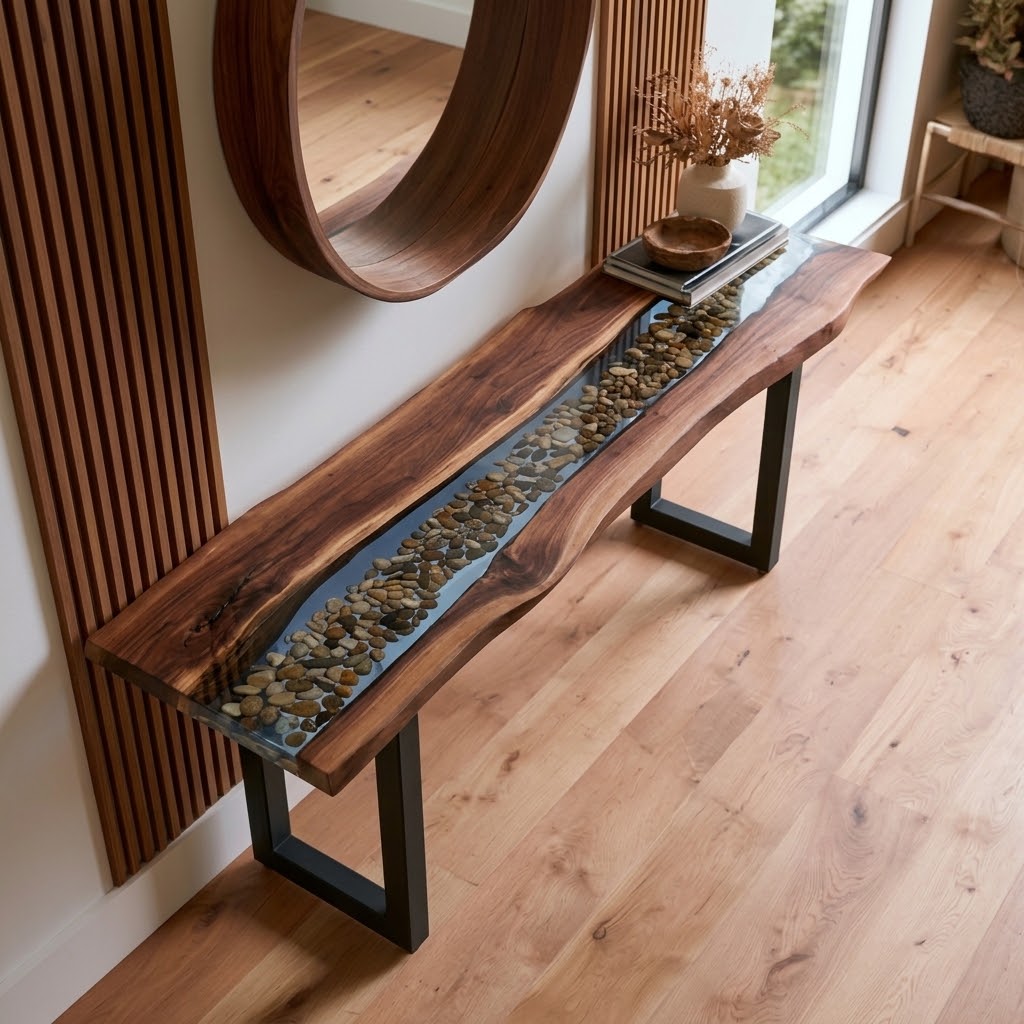 Epoxy foyer console table featuring walnut wood, clear blue resin, and embedded natural stones