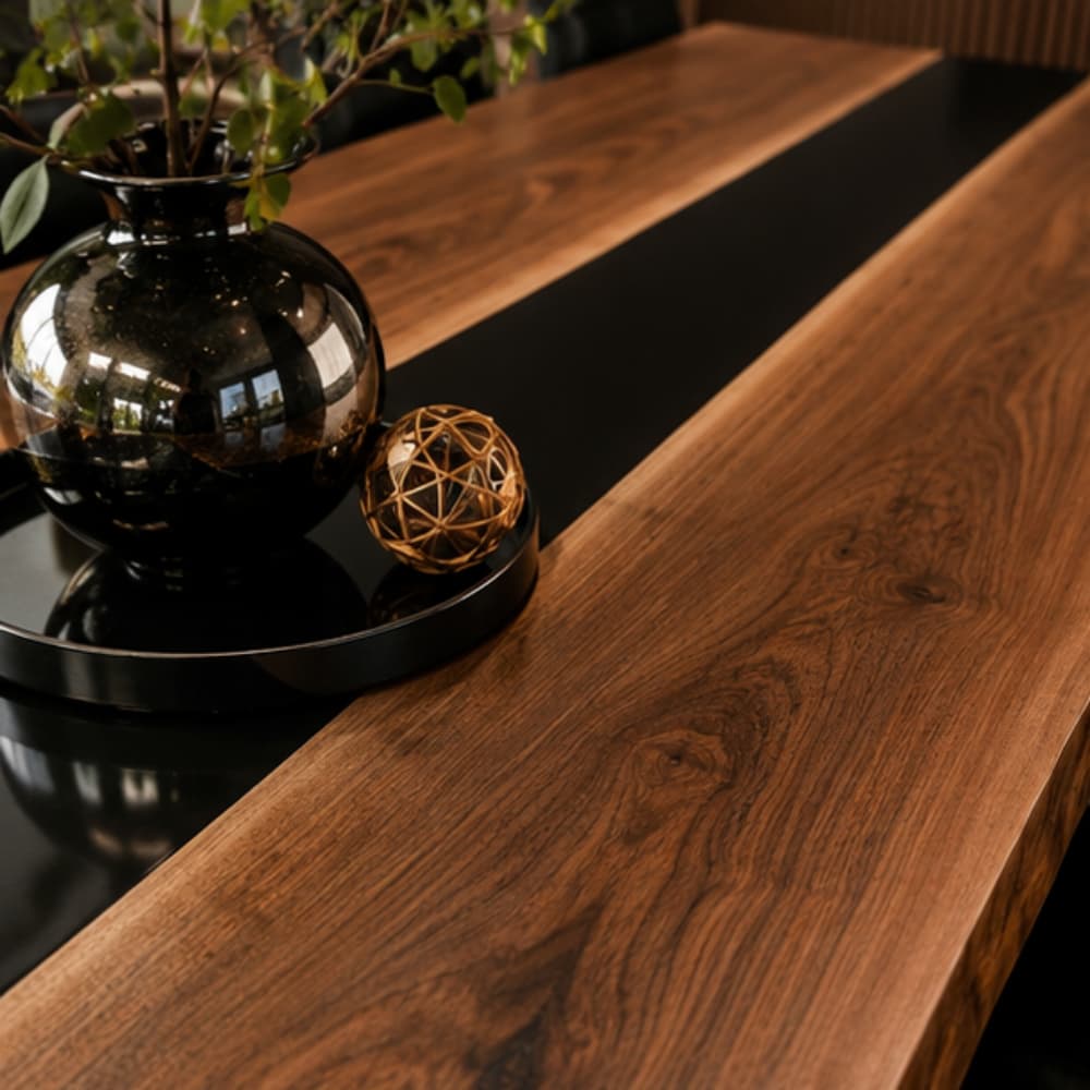 Styled business vignette on walnut stone epoxy meeting table featuring metallic decorative tray, glass vase with fresh green foliage and spherical ornament