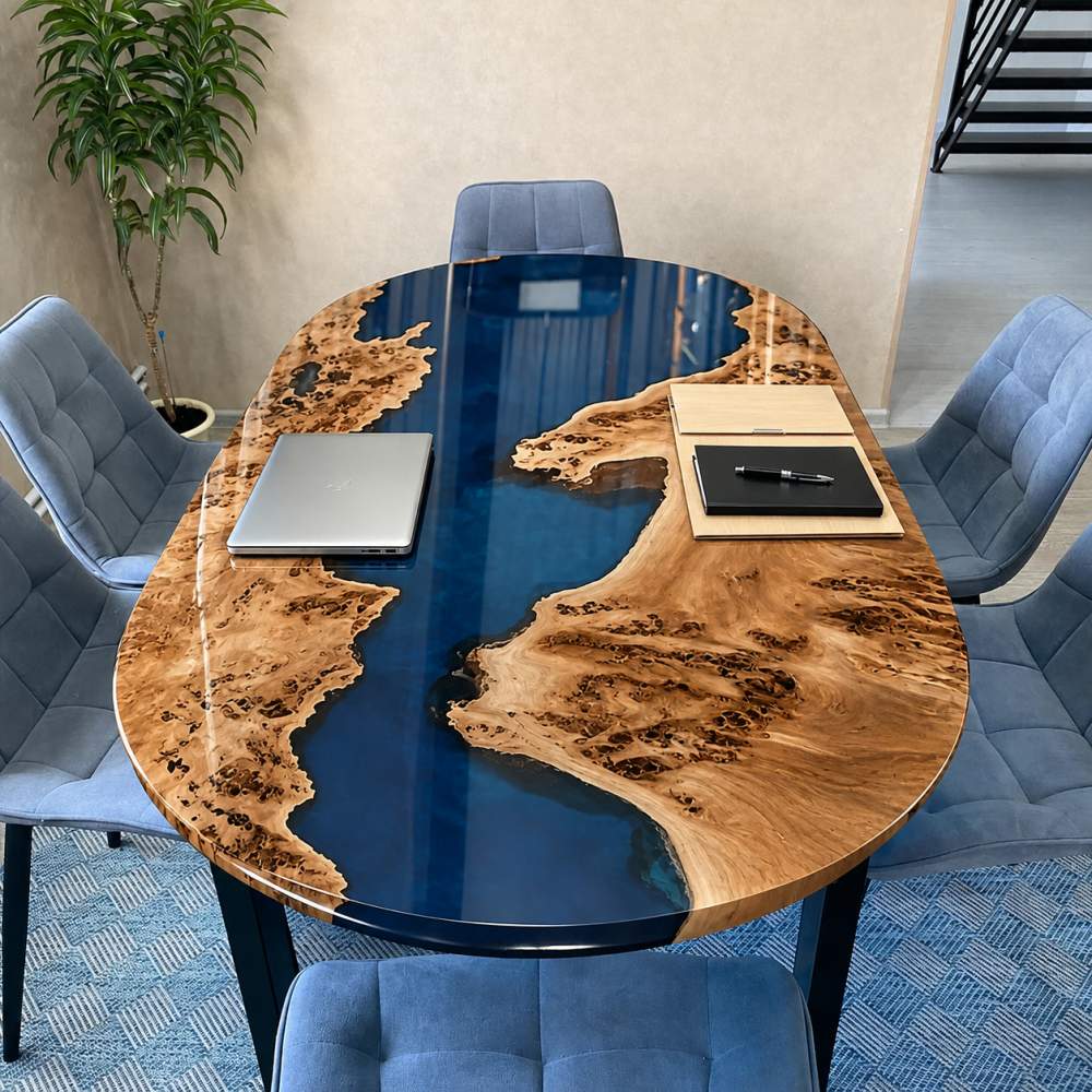 Decor styled vignette of oval burl maple blue epoxy boat coffee table topped with glass vase of white and blue lilies