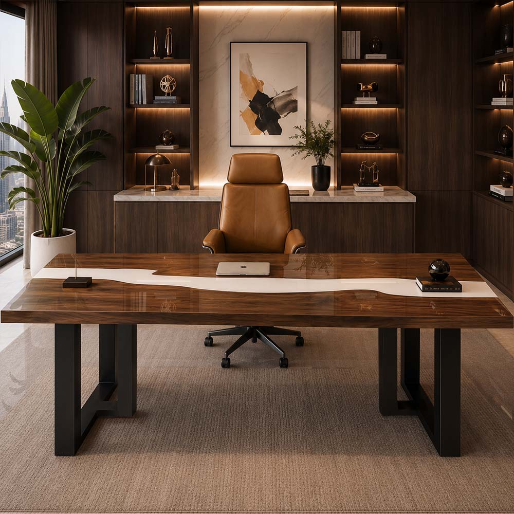 Premium live edge black walnut executive desk featuring a solid opaque white resin river in a luxury skyscraper office with panoramic city views