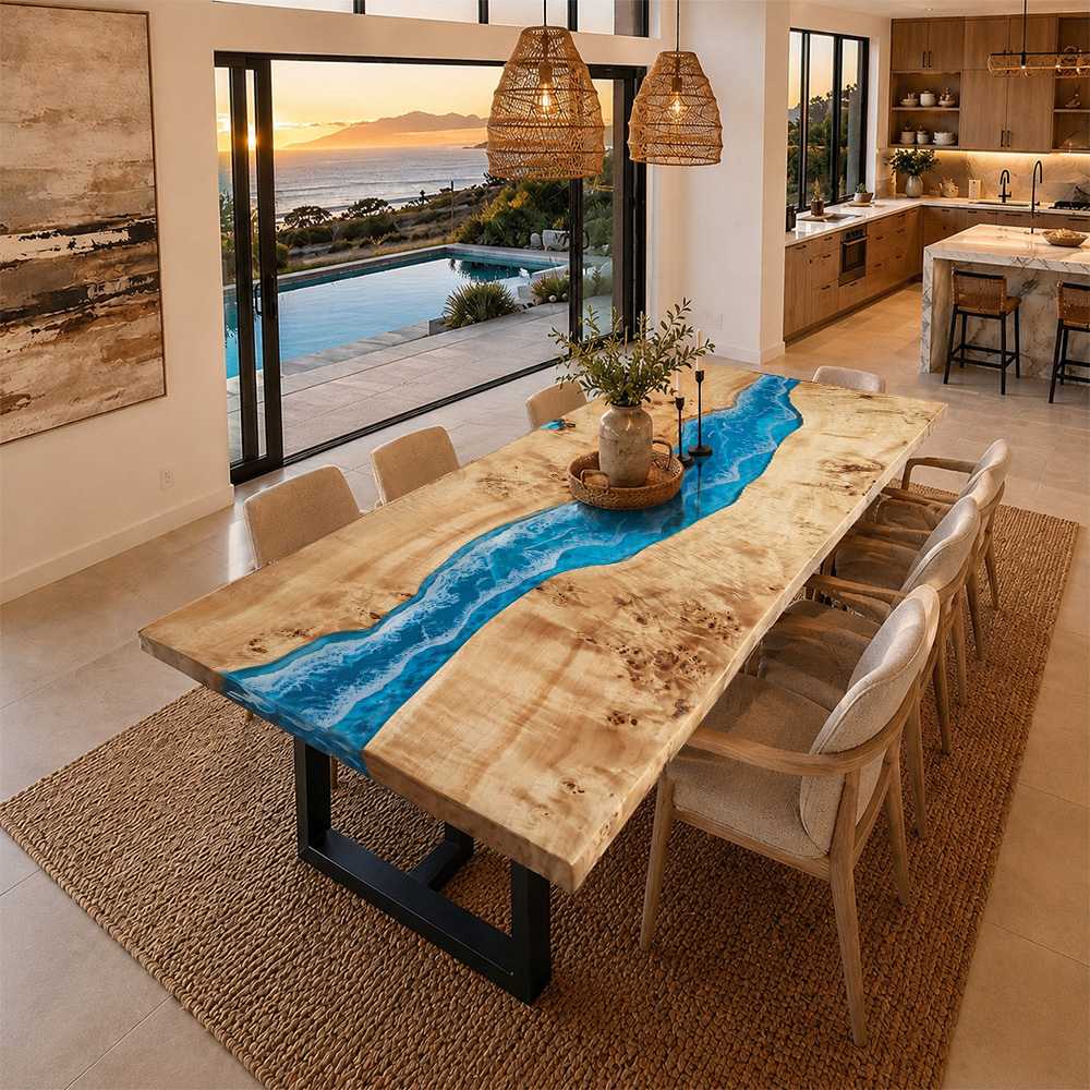 Beautiful sun-lit poplar wood table acting as a centerpiece in a coastal home