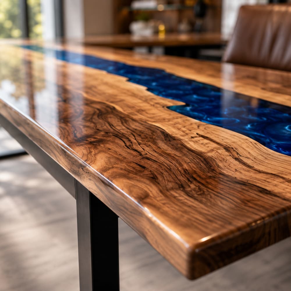 Macro close-up of fluid swirl deep ocean blue epoxy channel and organic natural grain on wide live edge walnut L-shaped executive workstation surface