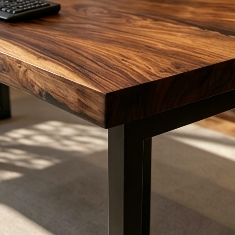 Side view highlighting the substantial thickness of the handcrafted wood slab and the smooth finish of its raw, natural live edge contours