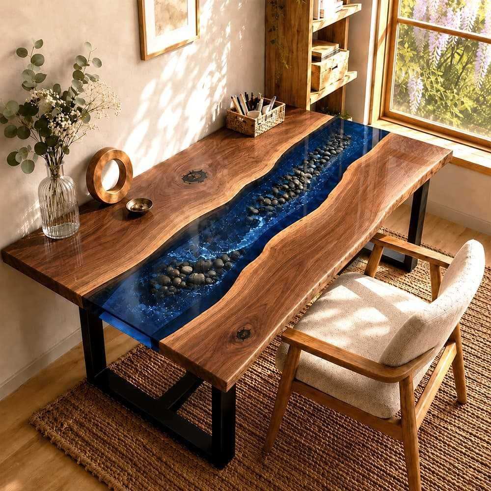 Overhead view of a sustainable solid wood desk with flowing blue resin artistry and a heavy-duty matte black steel base.