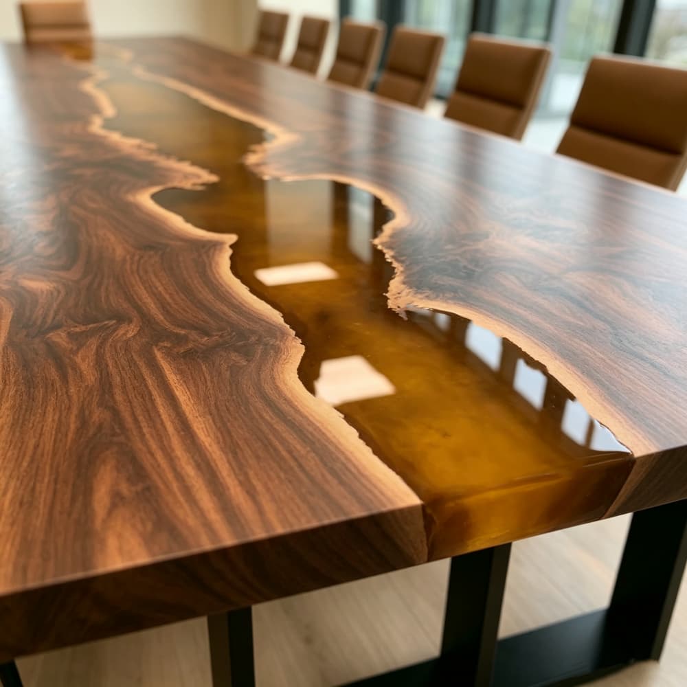 Translucent amber epoxy meeting table with organic resin flow and natural Black Walnut grain for an executive office.