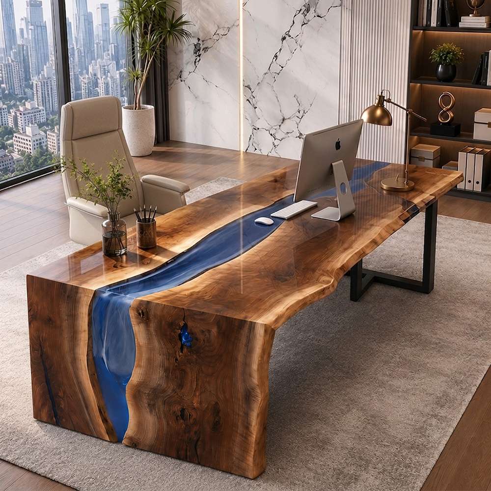 Close-up of vibrant, translucent blue epoxy resin river in premium walnut desk