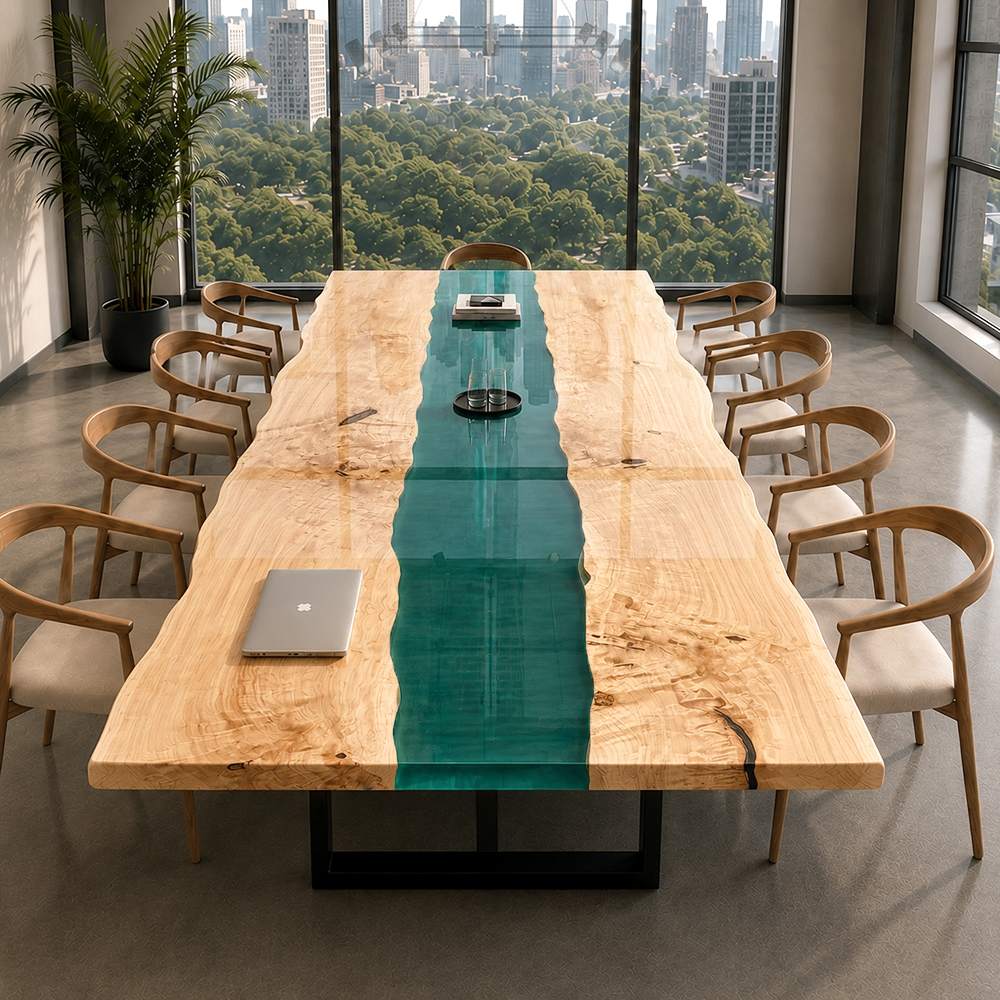 Modern laptop and glass set on a sleek handcrafted golden poplar wood and teal green resin workstation