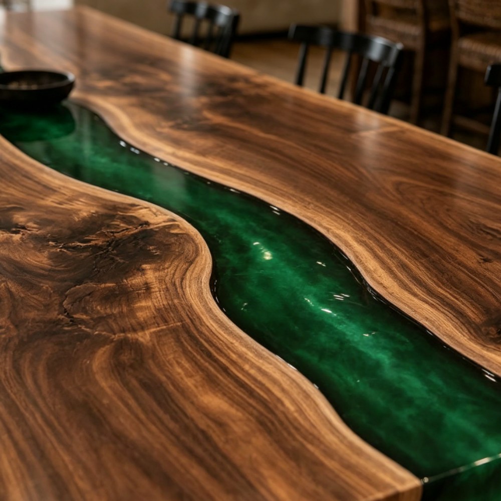 Macro side perspective of a custom solid wood slab tabletop showing high-gloss protective sealing and smooth bark-edge finish