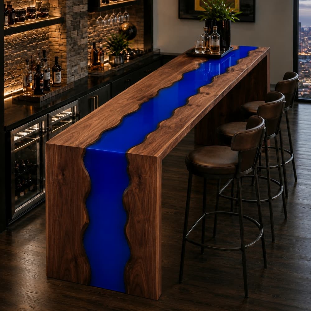 Deep translucent navy blue epoxy resin river glowing under sophisticated ambient mood lighting in a modern cocktail bar